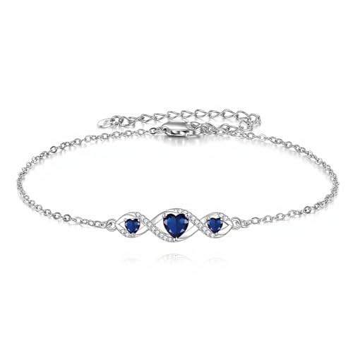 LELOUCHY Unendliches Ewigkeits Rundes Blau Saphir Armband aus 925 Sterlingsilber 3 Blaue September Geburtssteine Verstellbares Armband für Frauen Geschenk von LELOUCHY