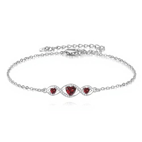 LELOUCHY Unendliches Ewigkeits Rundes Granat Rot Armband aus 925 Sterling Silber 3 Rote Januar Geburtssteine Verstellbares Armband für Frauen Geschenk von LELOUCHY