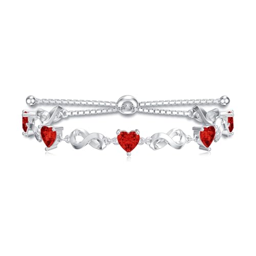 LELOUCHY Unendlichkeits Herz Armband mit Rotem Granat 925 Sterling Silber Roter Geburtsstein für Januar Verstellbares Tennisarmband für Damen von LELOUCHY