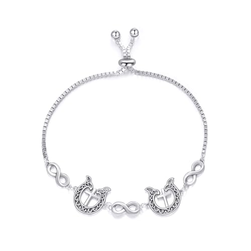 LELOUCHY Vintage Kreuz mit Hufeisen Armband 925 Sterlingsilber Western Design Glückshufeisen Verstellbares Armband Box Kette Juwelierstück für Frauen von LELOUCHY