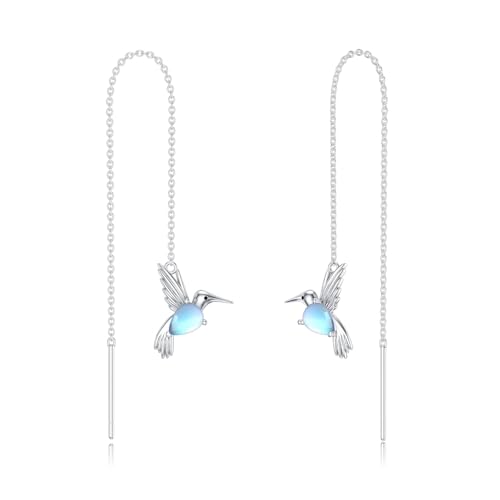 Mondstein Kolibri Einfädler Ohrringe 925 Sterling Silber Kolibri lange Kette Drop Ohr Linie mit Juni Birthstone Geburtstag Schmuck Geschenke für Frauen von LELOUCHY