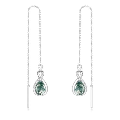Moosachat Einfädler Ohrringe 925 Sterling Silber Infinity Grün Moosachat Lange Kette Tropfen Ohr Linie Ohrringe Geburtstag Schmuck Geschenke für Frauen von LELOUCHY