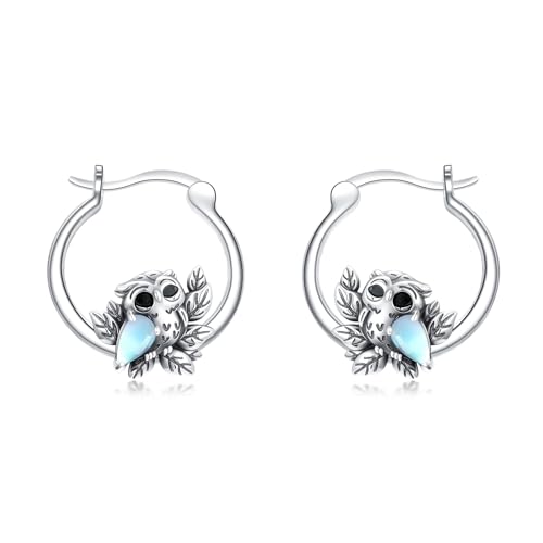 Retro Eule Mondstein Hoop Ohrringe 925 Sterling Silber Eulenvogel mit Tropfen Förmigem Mondstein Ohrringe für Frauen von LELOUCHY