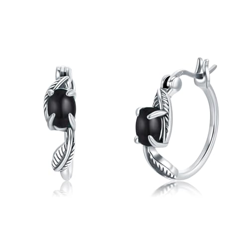 Vintage Feder mit Schwarz Onyx Hoop Ohrringe 925 Sterling Silber Retro Schwarz Onyx Ohrringe für Frauen von LELOUCHY