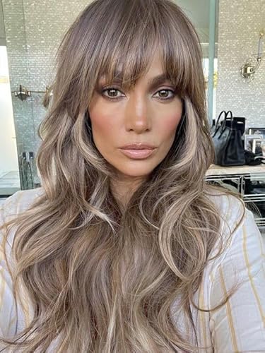 Lemeiz Aschbraune Ombré-Perücke mit Pony, gemischte Blonde Perücke mit Pony, lange gewellte Perücken für Damen, realistisch aussehende Kunsthaarperücke, 55,9 cm, LANOVA-168 von LEMEIZ