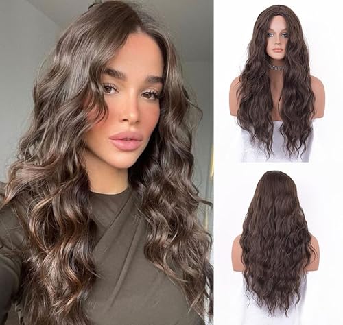 LEMEIZ braune perücke lang, braune wellige perücke, Synthetic Brown Curly Wavy Wigs for Women, Glueluess Brown Hair Wig 22 Zoll LEMEIZ-121 von LEMEIZ