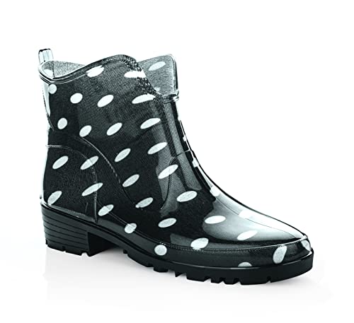 LEMIGO Damen Gummistiefel Knöchel Kurze Regenstiefel Elke (Schwarz mit weißen Tupfen, numeric_36) von LEMIGO