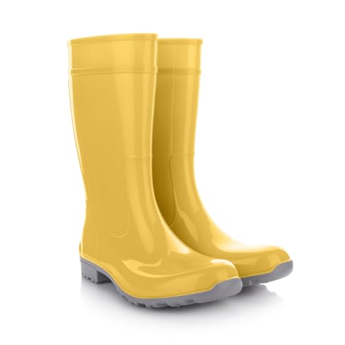 LEMIGO Damen Gummistiefel Wasserdicht Hohe Regenstiefel Gartenschuhe 967 Ilse (Gelb Grau, 36) von LEMIGO