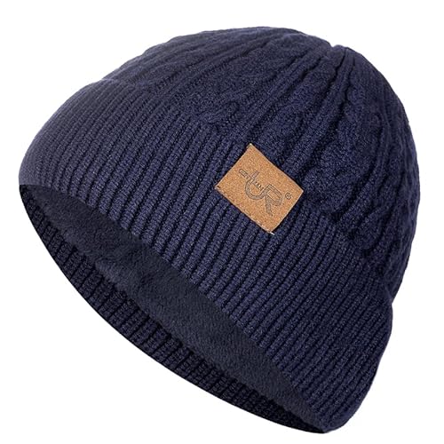 LEMITA Unisex-Wintermütze, Fellfutter, Flanschmütze, weiche Beanie-Mütze für Männer und Frauen, warme dicke Outdoor-Streetwear-Strickmütze, marineblau, One size von LEMITA