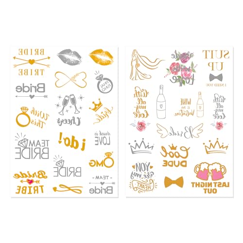 2-teiliges Team Braut Tattoo Set in Gold - Temporäre JGA Tattoos für Frauen | Brautjungfern & Braut Hochzeitsdeko | Mit Roségold Blumen-Design | Ideal für Junggesellinnenabschied & Bachelorette Party von LEMLIN