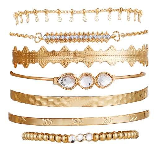 7-teiliges Indischer Schmuck Armband Set für Damen, mit Gold-Handketten, Böhmischen Kristallarmbändern & Wahrsagerin-Zubehör, passend zu Indischer Kleidung Damen, Bollywood- & Zigeuner-Kostümen von LEMLIN