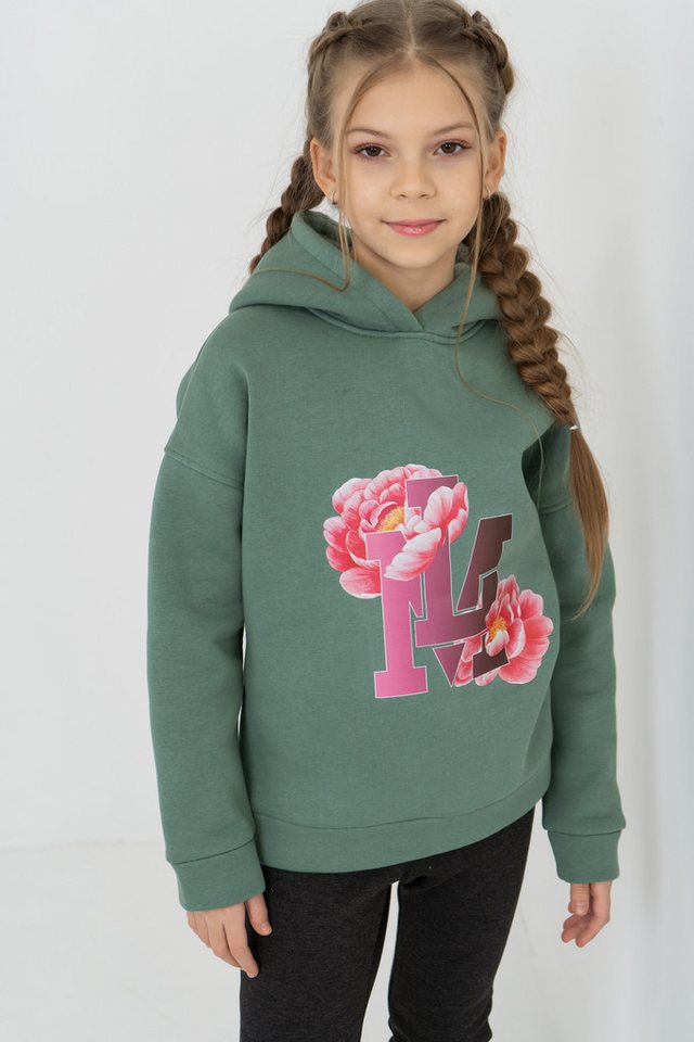 LEMONI Hoodie Warmer Kapuzenpullover mit Print Pfingstrose für Mädchen, olivgrün mit Kapuze, mit Print von LEMONI