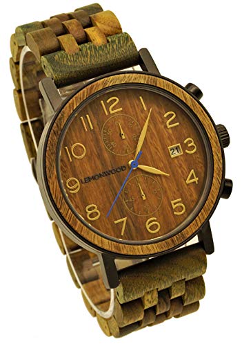LEMONWOOD Damenuhr Holz-Armbanduhr Herrenuhr Unisex Holzuhr aus Sandel-Holz 30 M Waterproof Chronograph Quarzuhr Jungle von LEMONWOOD
