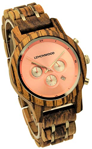 LEMONWOOD Holz-Armbanduhr Holzuhr aus Zebranoholz Herren Damen Unisex Chronograph Zebraholz Stoppuhr Quarzuhr Hillier von LEMONWOOD