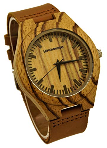 LEMONWOOD Holz-Armbanduhr Holzuhr aus Zebranoholz mit Echt-Leder Armband Herren Damen Unisex Quarzuhr Western von LEMONWOOD