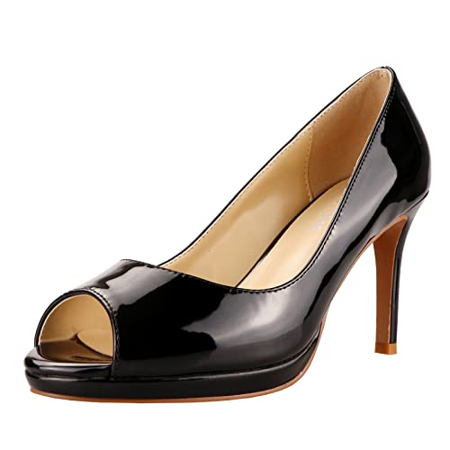 LEMUTISME Damen Lackleder Sexy Slip On Peep Toe High Heel Kleid Pumps Chic Glänzend Offene Zehe Stiletto Absatz Plateau Sandalen, Schwarz, 38.5 EU von LEMUTISME