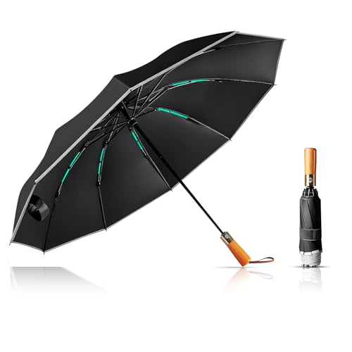 LENDOO Regenschirm, Regenschirm Sturmfest mit Auf-Zu-Automatik mit Luxuriösem Echtholzgriff für Damen und Herren Umbrella Kompakter,10 Rippen Schirm von LENDOO