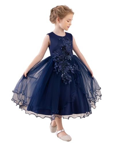 LENEFU Flower Girl Dress Toddler Formal Dress Birthday Party Wedding Floral Embroidered Tulle Satin Dresses for Kids 2-12Y(Navy Blue 130) von LENEFU