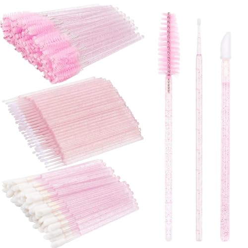 150-teiliges Wimpernverlängerungszubehör-Set, Einweg-Wimpernspulen-Pinsel, Mikro-Tupfer-Pinsel, Mascara-Zauberstab, Lippenpinsel für Wimpernverlängerung, Tattoo, Lippenstift, Applikator (Kristallrosa) von LENGAIJIN