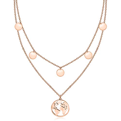 LENIRA® Weltkugel Plättchen Halskette - zarte 5 Coin Welt Kombination für Damen aus Edelstahl mit Gold und Roségold überzogen Kettenlänge verstellbar 40-45 cm (Roségold) von LENIRA