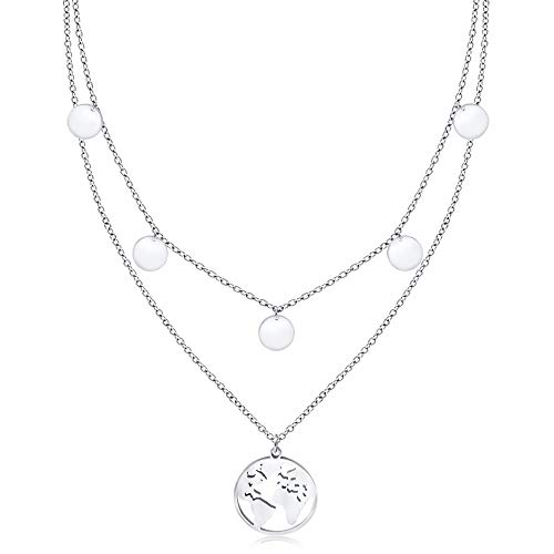 LENIRA® Weltkugel Plättchen Halskette - zarte 5 Coin Welt Kombination für Damen aus Edelstahl mit Gold und Roségold überzogen Kettenlänge verstellbar 40-45 cm (Silber) von LENIRA