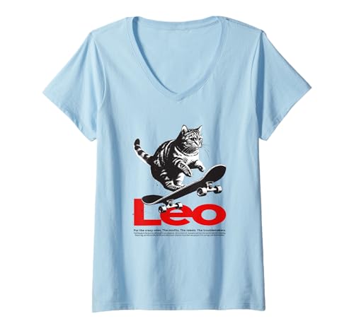 Damen LEO - Schöner Jungen Name mit Katze & Skateboard T-Shirt mit V-Ausschnitt Damen LEO - Schöner Jungen Name mit Katze & Skateboard T-Shirt mit V-Ausschnitt von LEO Sohn Enkel Geburtstag Geschenkideen
