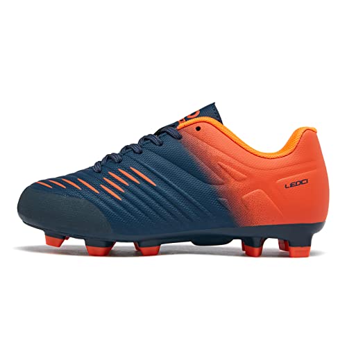 LEOCI Fußballschuhe for Jungen Mädchen Kinder Little Kids Firm Ground Sportliche Football Boots,Navy Blau Orange,31 EU von LEOCI