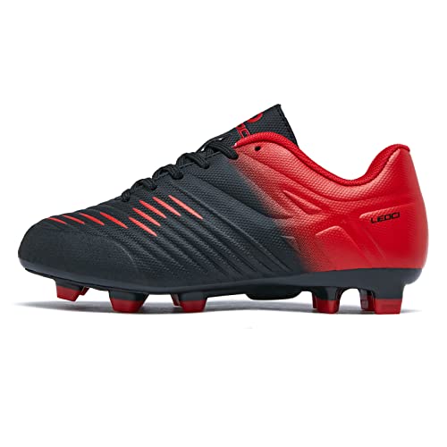 LEOCI Fußballschuhe for Jungen Mädchen Kinder Little Kids Firm Ground Sportliche Football Boots,Schwarz Rot,28 EU von LEOCI