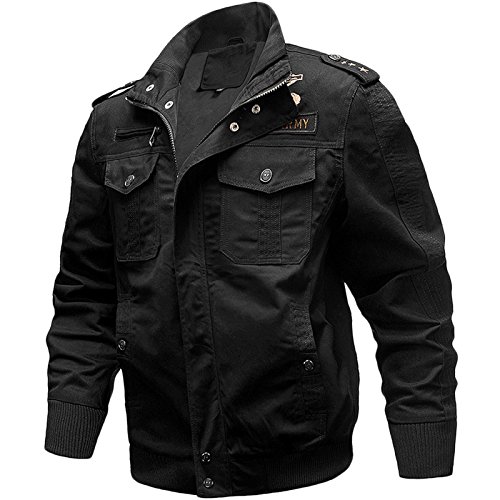 LEOCLOTHO Herren Cargo Jacken Draussen Lässig Militär Übergangsjacke Leichte Jacke Stehkragen Multi Taschen Bomber Mäntel Schwarz 4XL von LEOCLOTHO