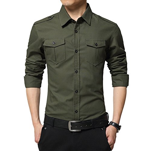 LEOCLOTHO Herren Hemd Langarm Freizeit Militärstil Silm Fit Casual Basic Männer Hemden Armeegrün XS von LEOCLOTHO