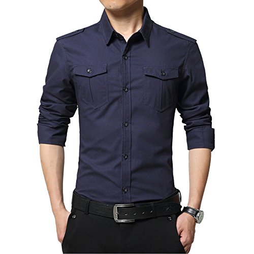 LEOCLOTHO Herren Hemd Langarm Freizeit Militärstil Silm Fit Casual Basic Männer Hemden Navy Blau XS von LEOCLOTHO