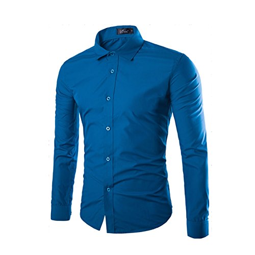 LEOCLOTHO Herren Hemd Slim-Fit Langarm Business Freizeit Hochzeit Basic Hemden Blau S von LEOCLOTHO