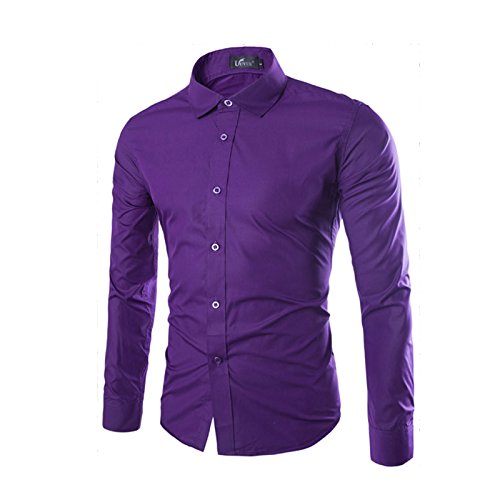 LEOCLOTHO Herren Hemd Slim-Fit Langarm Business Freizeit Hochzeit Basic Hemden Lila S von LEOCLOTHO