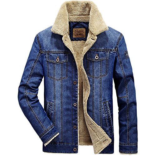 LEOCLOTHO Herren Jeansjacke Basic Regular Trucker Langarm Sherpa Denim Jacke mit Fell Stehkragen Übergangsjacke Freizeitjacke Hellblau L von LEOCLOTHO