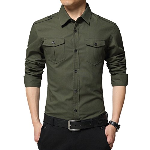 LEOCLOTHO Herren Langarm Hemd Slim Fit Armee-Stil Einfarbig Hemden Shirt Armeegrün M von LEOCLOTHO