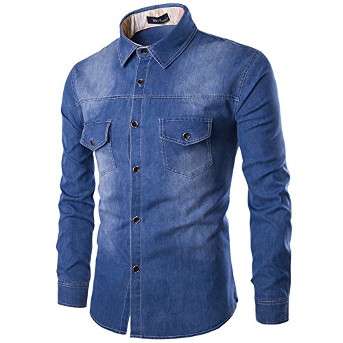LEOCLOTHO Herren Langarm Jeanshemd Denim Hemden Langarm Freizeit Shirts Hemd Button Shirt Top Bluse Dunkelblau XXL von LEOCLOTHO