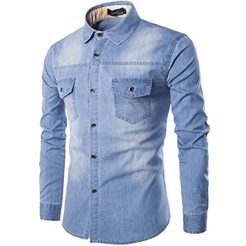 LEOCLOTHO Herren Langarm Jeanshemd Denim Hemden Langarm Freizeit Shirts Hemd Button Shirt Top Bluse Hellblau XXL von LEOCLOTHO