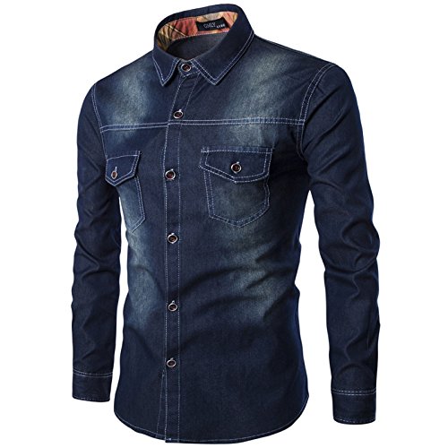 LEOCLOTHO Herren Langarm Jeanshemd Denim Hemden Langarm Freizeit Shirts Hemd Button Shirt Top Bluse Schwarz L von LEOCLOTHO