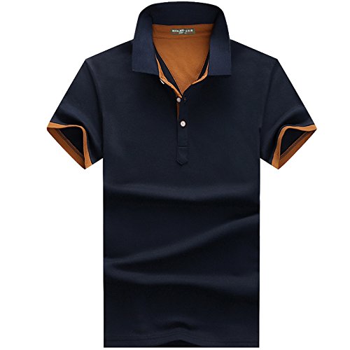 LEOCLOTHO Herren Poloshirt Kurzarm Einfarbig Polohemd Oberteil T-Shirt mit Knopfleiste Marine Blau & Braun L von LEOCLOTHO