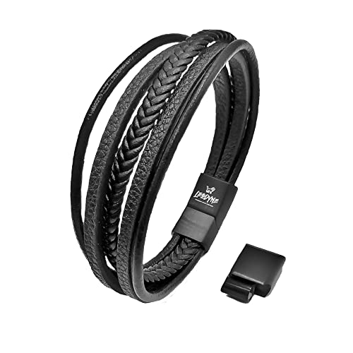 LEODYNE Geflochtenes Lederarmband in schwarz und braun - Armband Herren mit Magnetverschluss aus Edelstahl Lederarmband Männer inkl. extra Glied von LEODYNE