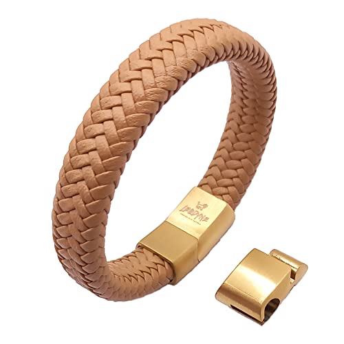 LEODYNE Geflochtenes Lederarmband - Armband Damen mit Magnetverschluss aus Edelstahl in Goldoptik inkl. extra Glied (L - 21.5cm) von LEODYNE