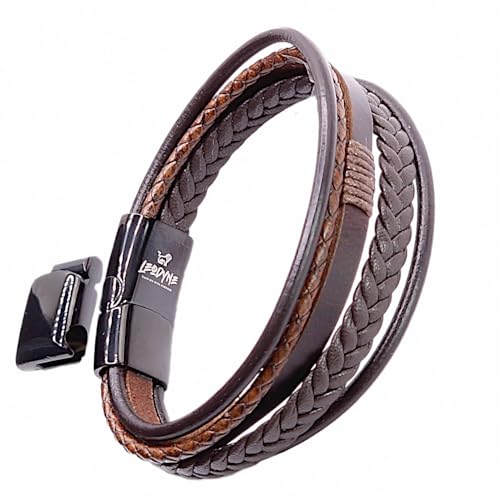 LEODYNE Geflochtenes Lederarmband in schwarz oder braun - Armband Herren mit Magnetverschluss aus Edelstahl Lederarmband Männer inkl. extra Glied (S - 17,5 cm, Braun) von LEODYNE