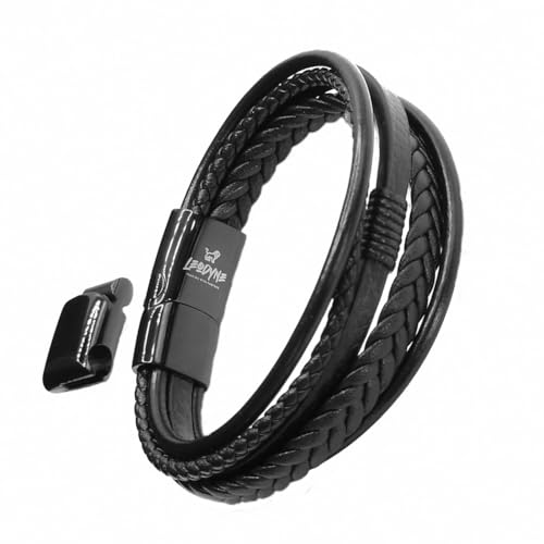 LEODYNE Geflochtenes Lederarmband in schwarz oder braun - Armband Herren mit Magnetverschluss aus Edelstahl Lederarmband Männer inkl. extra Glied (S - 17,5 cm, Schwarz) von LEODYNE