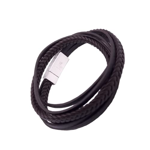 LEODYNE Geflochtenes Wickelarmband aus Leder in schwarz oder braun - Armband Herren mit Magnetverschluss aus Edelstahl Lederarmband Männer (L - 21.5cm, Braunes Leder, Edelstahlverschluss) von LEODYNE