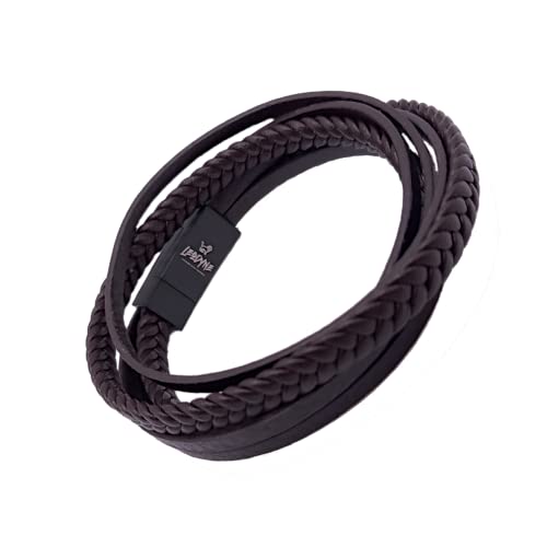 LEODYNE Geflochtenes Wickelarmband aus Leder in schwarz oder braun - Armband Herren mit Magnetverschluss aus Edelstahl - Männer (M - 19.5cm, Braunes Lederarmband, schwarzer Edelstahlverschluss) von LEODYNE