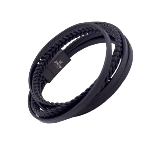 LEODYNE Geflochtenes Wickelarmband aus Leder in schwarz oder braun - Armband Herren mit Magnetverschluss aus Edelstahl Lederarmband Männer (M - 19.5cm, Schwarzes Leder, schwarzer Edelstahlverschluss) von LEODYNE