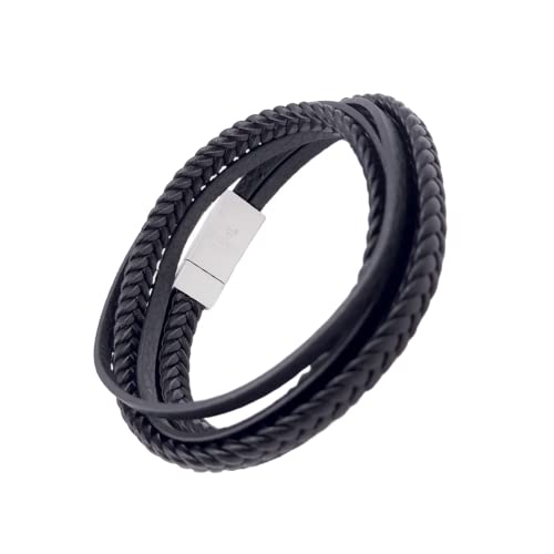 LEODYNE Geflochtenes Wickelarmband aus Leder in schwarz oder braun - Armband Herren mit Magnetverschluss aus Edelstahl Lederarmband Männer (S - 17.5cm, Schwarzes Leder, Edelstahlverschluss) von LEODYNE