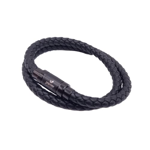 LEODYNE Schwarzes geflochtenes Armband aus Leder - Armband Herren mit Magnetverschluss aus Edelstahl Lederarmband Männer (L - 21.5cm, Schwarzes Leder, schwarzer Edelstahlverschluss) von LEODYNE