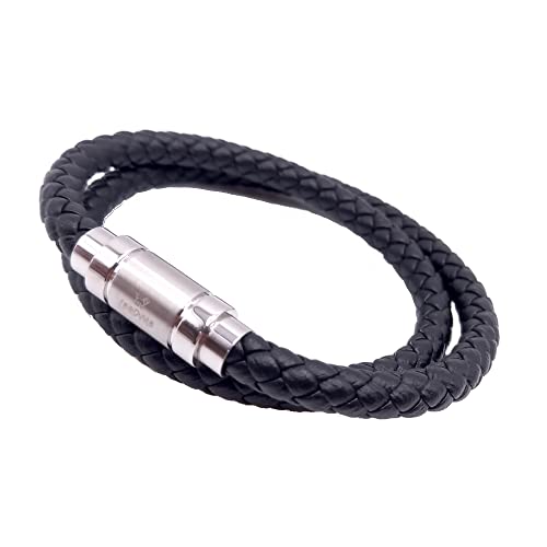 LEODYNE Schwarzes geflochtenes Armband aus Leder - Armband Herren mit Magnetverschluss aus Edelstahl Lederarmband Männer (S - 17.5cm, Schwarzes Leder, Edelstahlverschluss) von LEODYNE