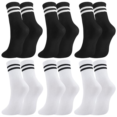 6 Paare Tennissocken Damen 39-42, Tennissocken, Weiße Tennissocken Damen, Sport Socken mit Streifen, Socken Tennis Sportsocken Geeignet für Büros, Freizeit und Sport(3 Paar Schwarz+3 Paar Weiß) von LEOEASIY